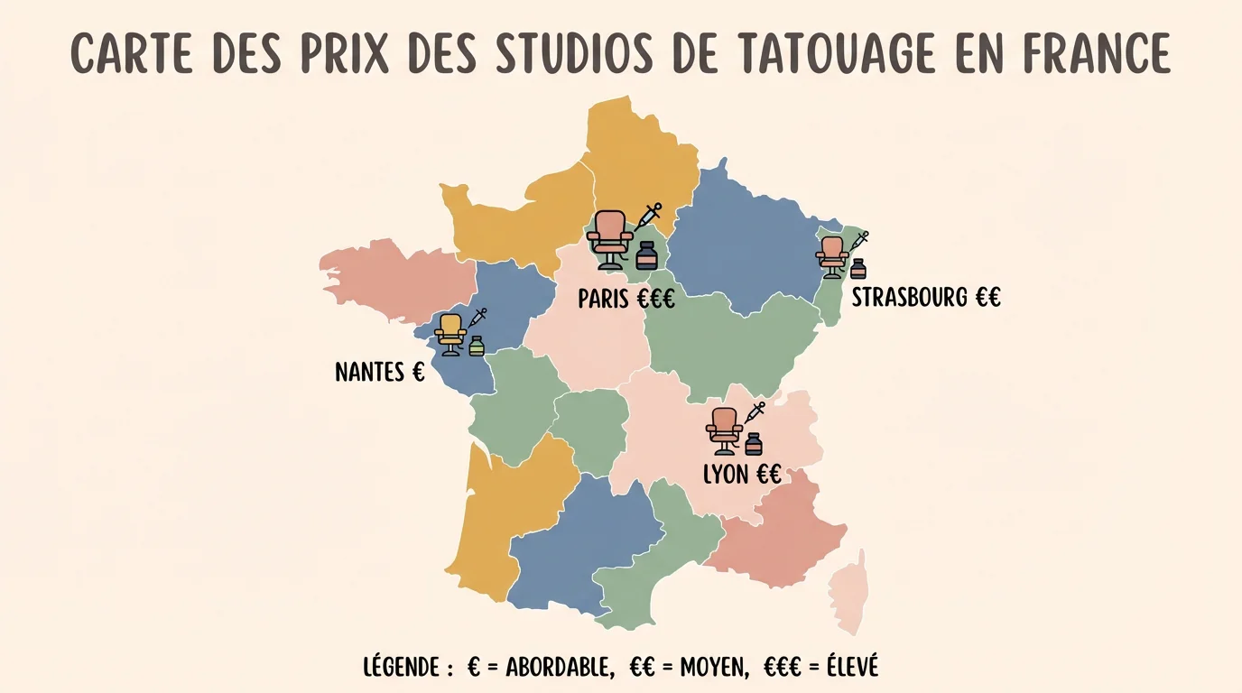 Illustration d'une carte de France montrant les variations de prix des tatouages selon les villes