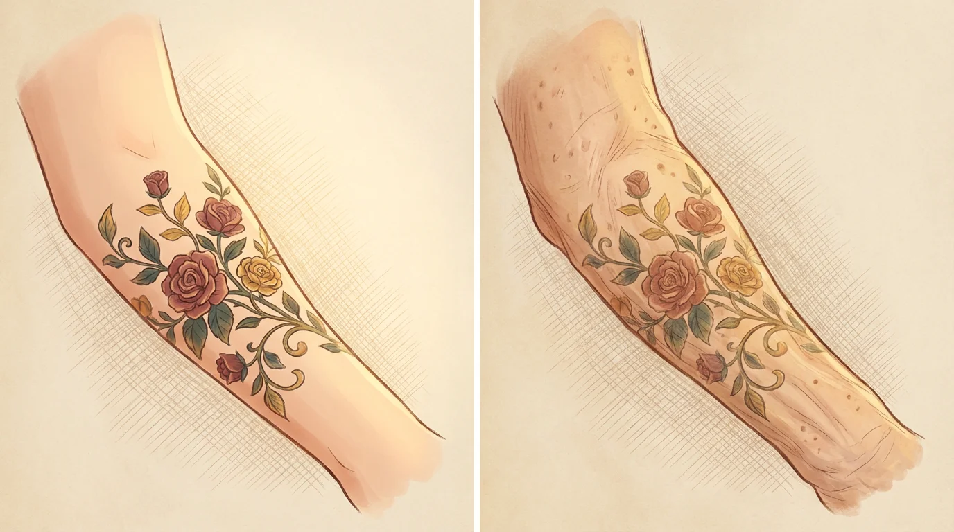 Illustration montrant l'évolution d'un tatouage floral sur un bras au fil du temps