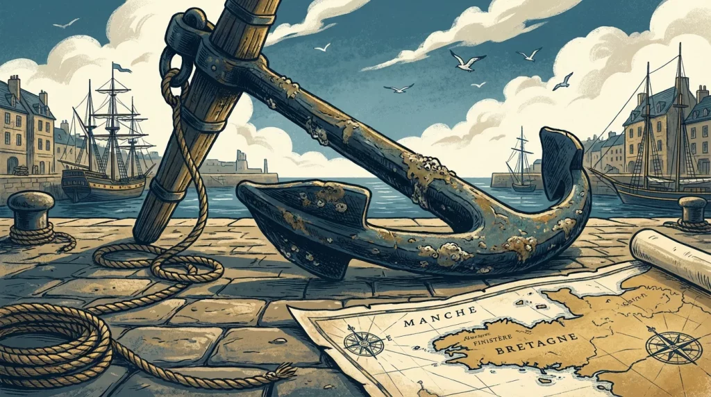 Illustration d'une ancre marine sur un quai de port ancien avec carte maritime et cordages