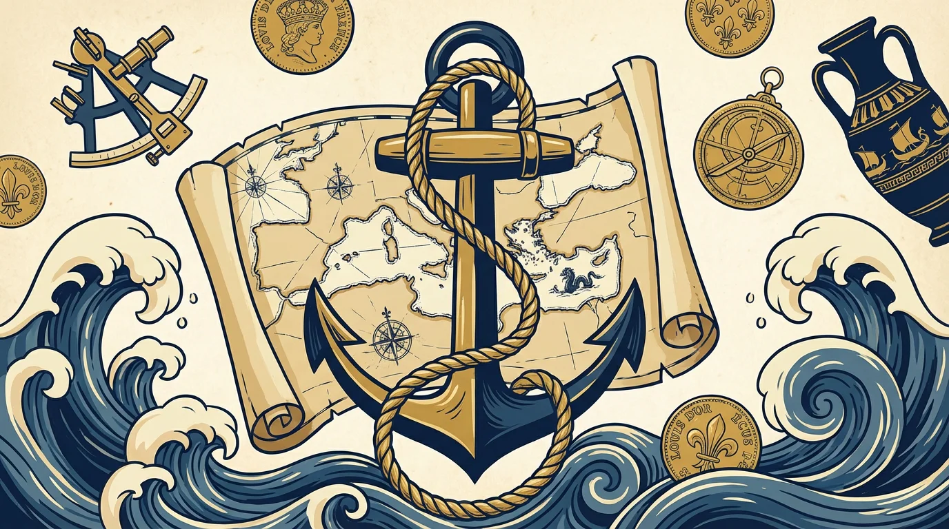 Illustration d'une ancre marine classique entourée de symboles historiques de navigation