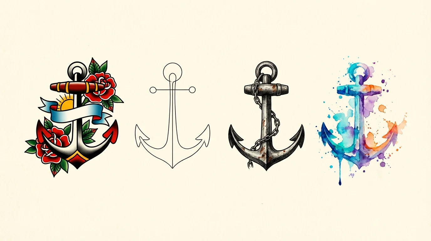 Illustration comparative de quatre styles de tatouage ancre : old school, minimaliste, réaliste et aquarelle