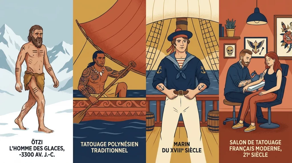 Frise illustrée de l'histoire du tatouage, d'Ötzi aux salons français modernes