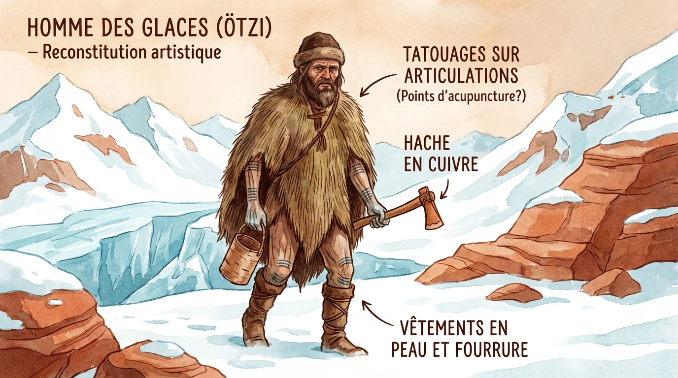 Illustration d'Ötzi, l'homme des glaces, premier être humain tatoué connu, dans les Alpes
