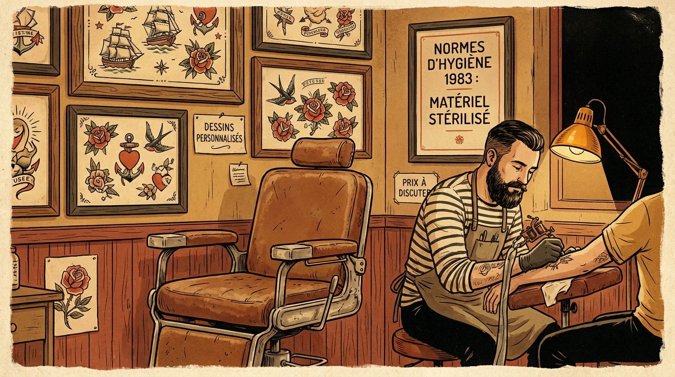 Illustration d'un salon de tatouage français des années 1980, époque de la démocratisation du tatouage en France