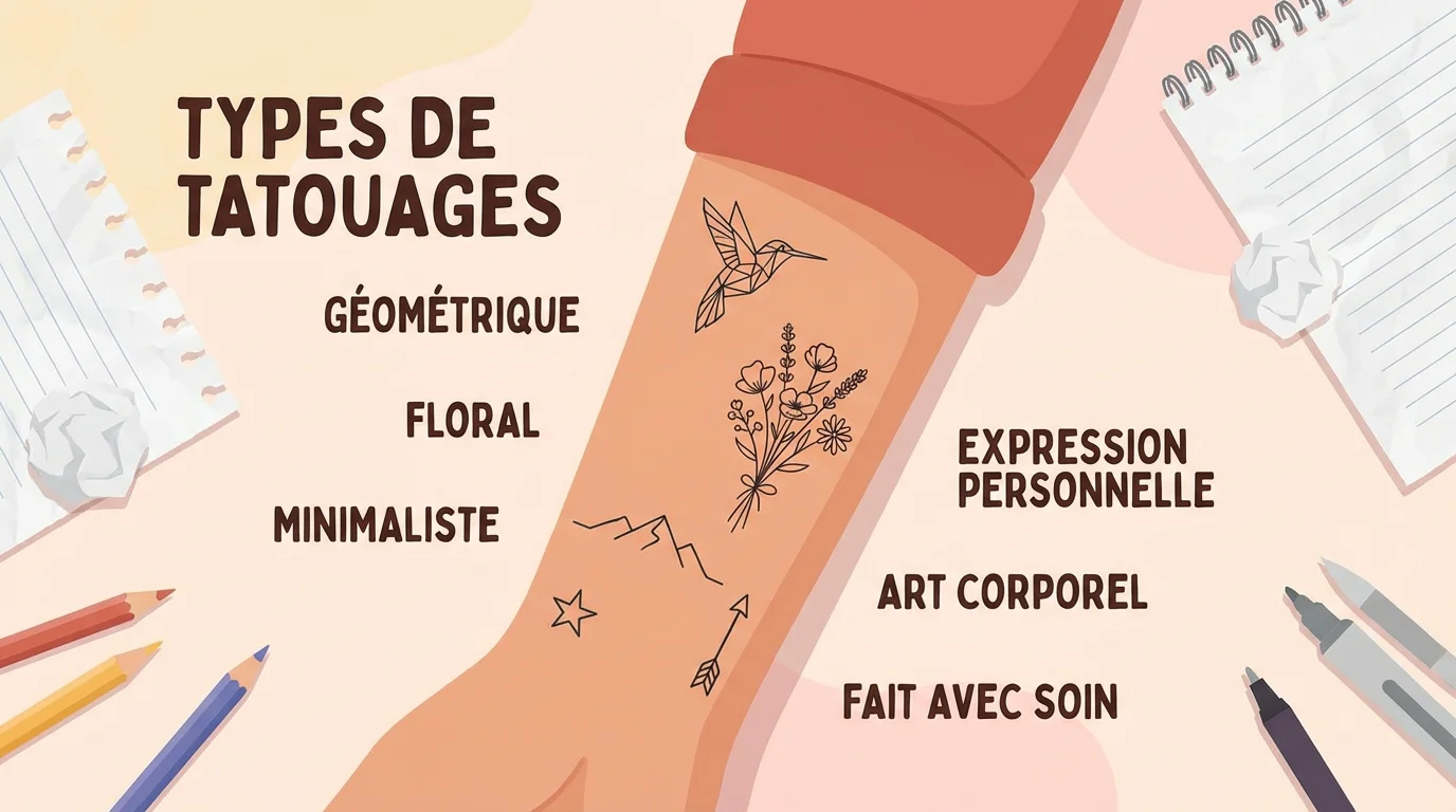 Illustration de différents styles de tatouages sur un bras entouré de croquis et crayons
