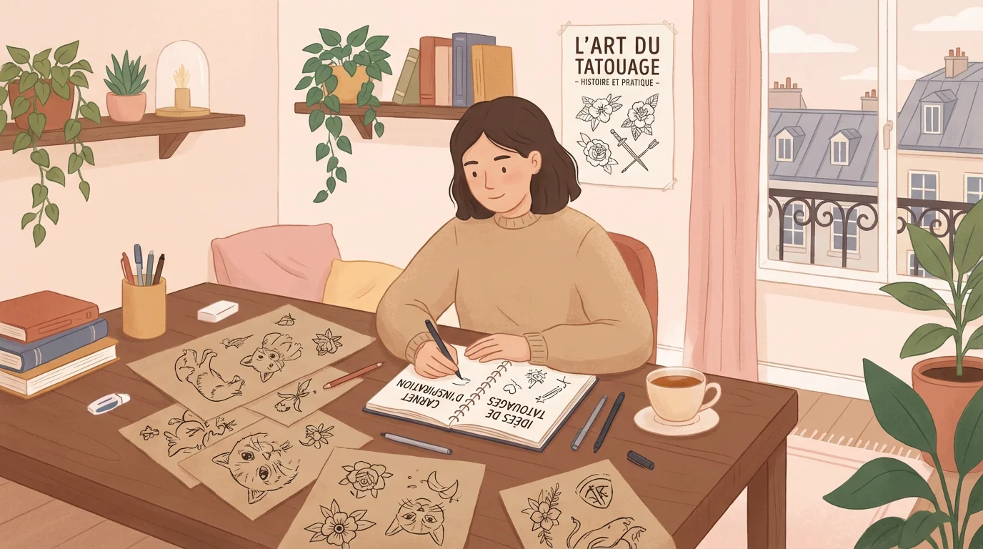 Personne réfléchissant à son futur tatouage entourée de croquis et d'un carnet d'inspiration