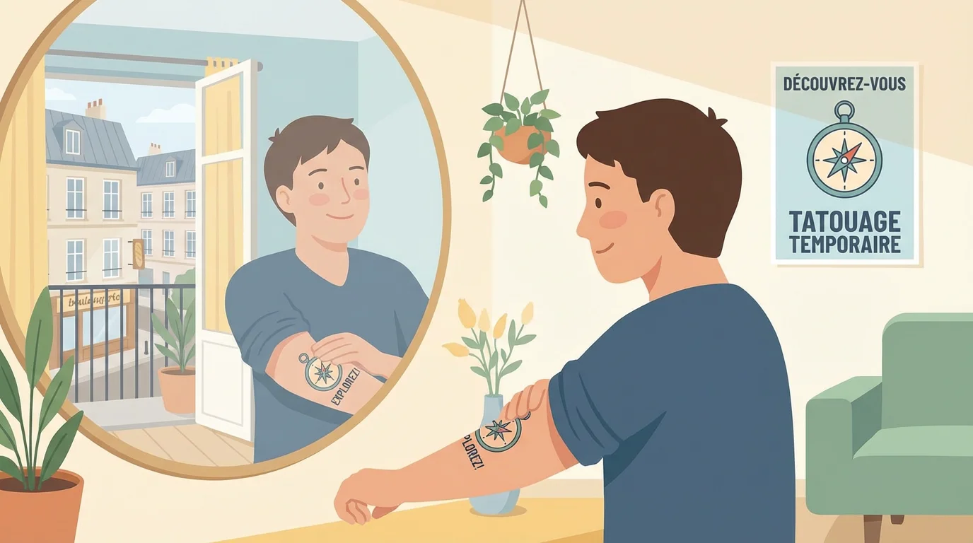 Personne testant un tatouage temporaire sur son bras devant un miroir