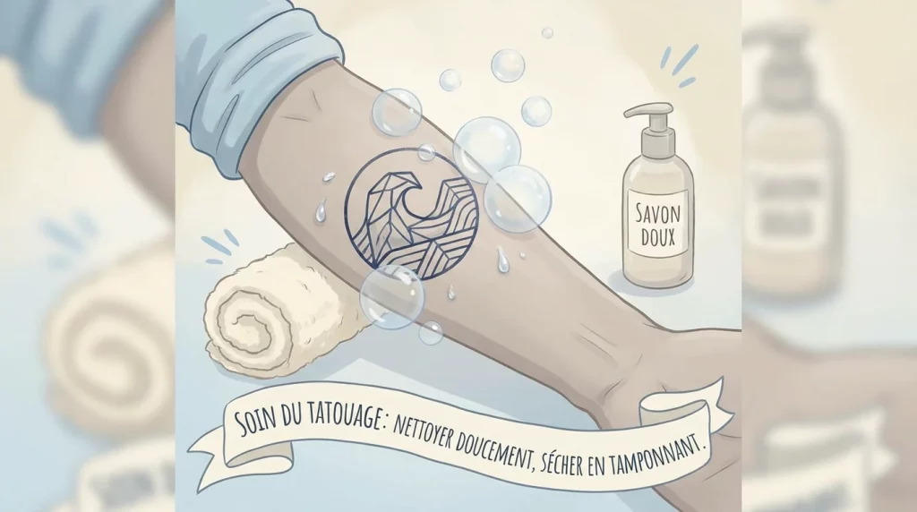 Illustration d'un tatouage frais sur un avant-bras avec des éléments de soin hygiénique