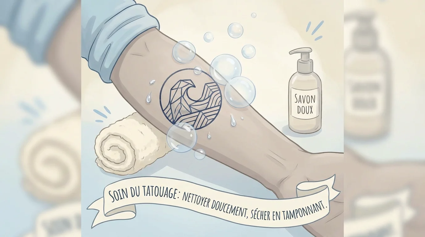 Illustration d'un tatouage frais sur un avant-bras avec des éléments de soin hygiénique