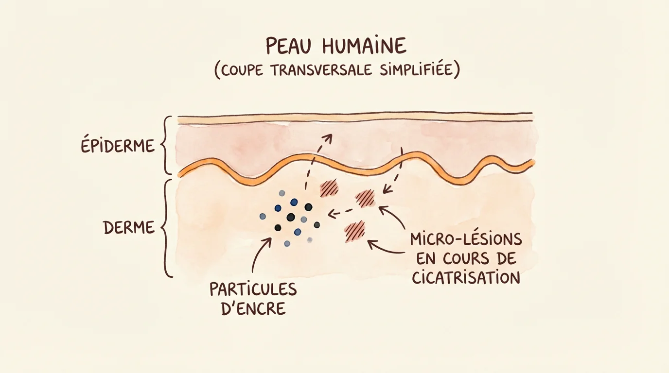 Illustration en coupe de la peau montrant l'encre déposée dans le derme après un tatouage