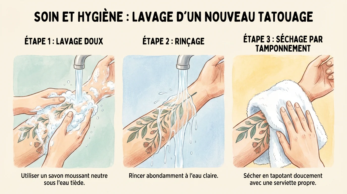 Illustration des étapes de lavage d'un tatouage avec eau tiède et savon doux
