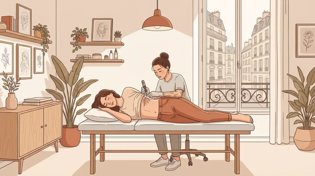 Illustration d'une séance de tatouage sur les côtes dans un studio professionnel