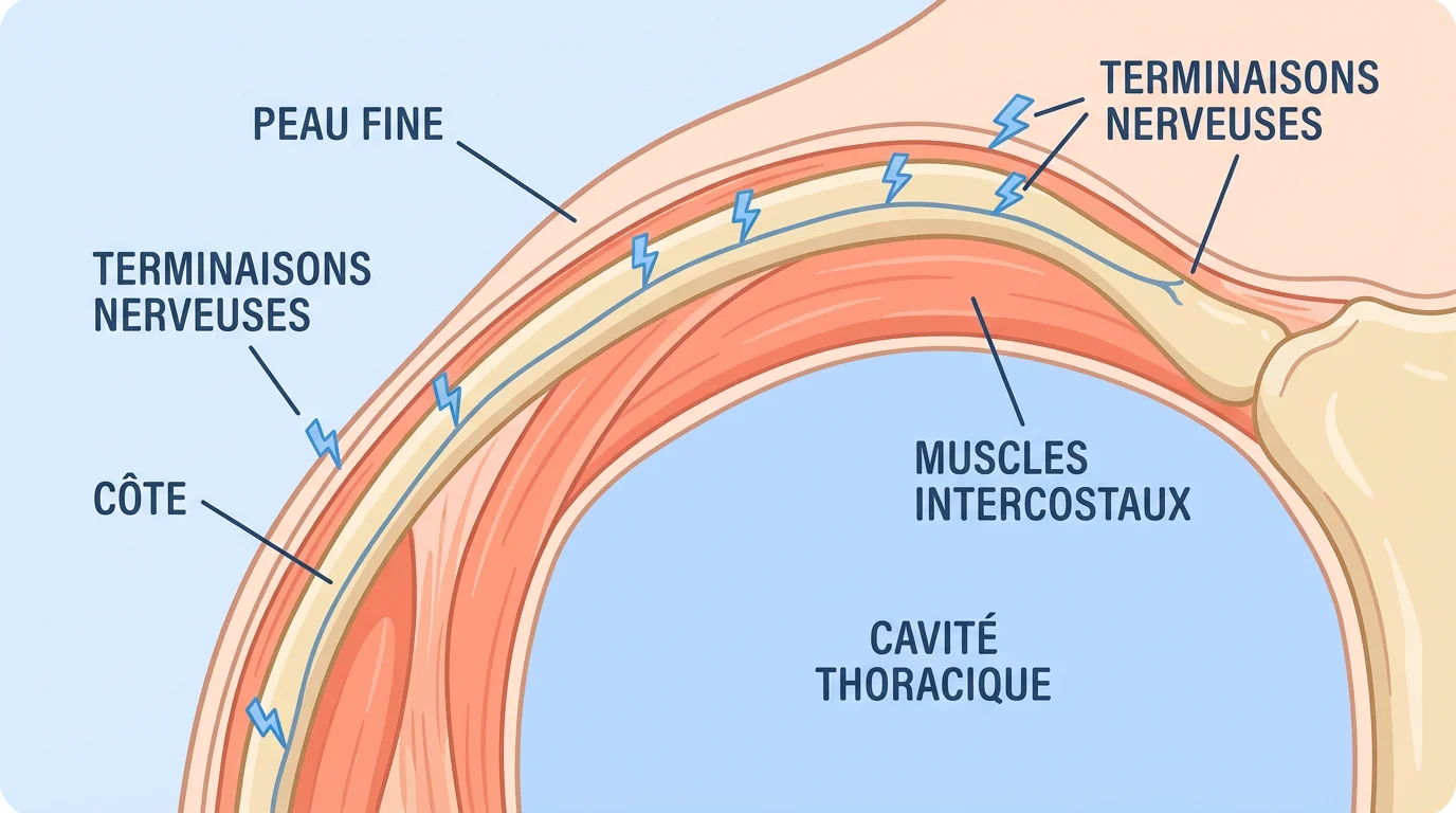 Illustration anatomique montrant la peau fine et les terminaisons nerveuses de la zone des côtes