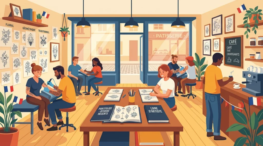 Studio de tatouage moderne avec des portfolios et croquis variés pour aider à choisir son tatoueur