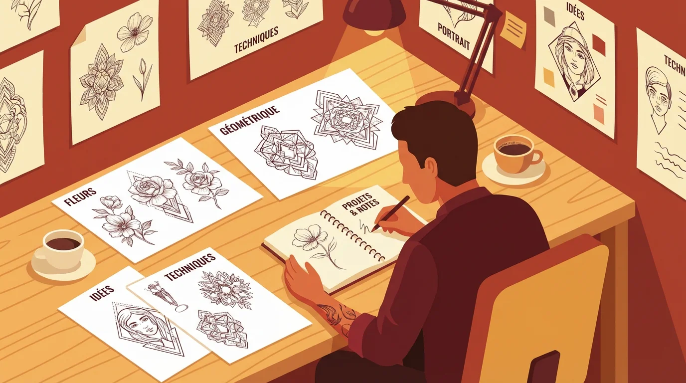 Personne préparant son projet de tatouage en comparant différents styles sur des croquis