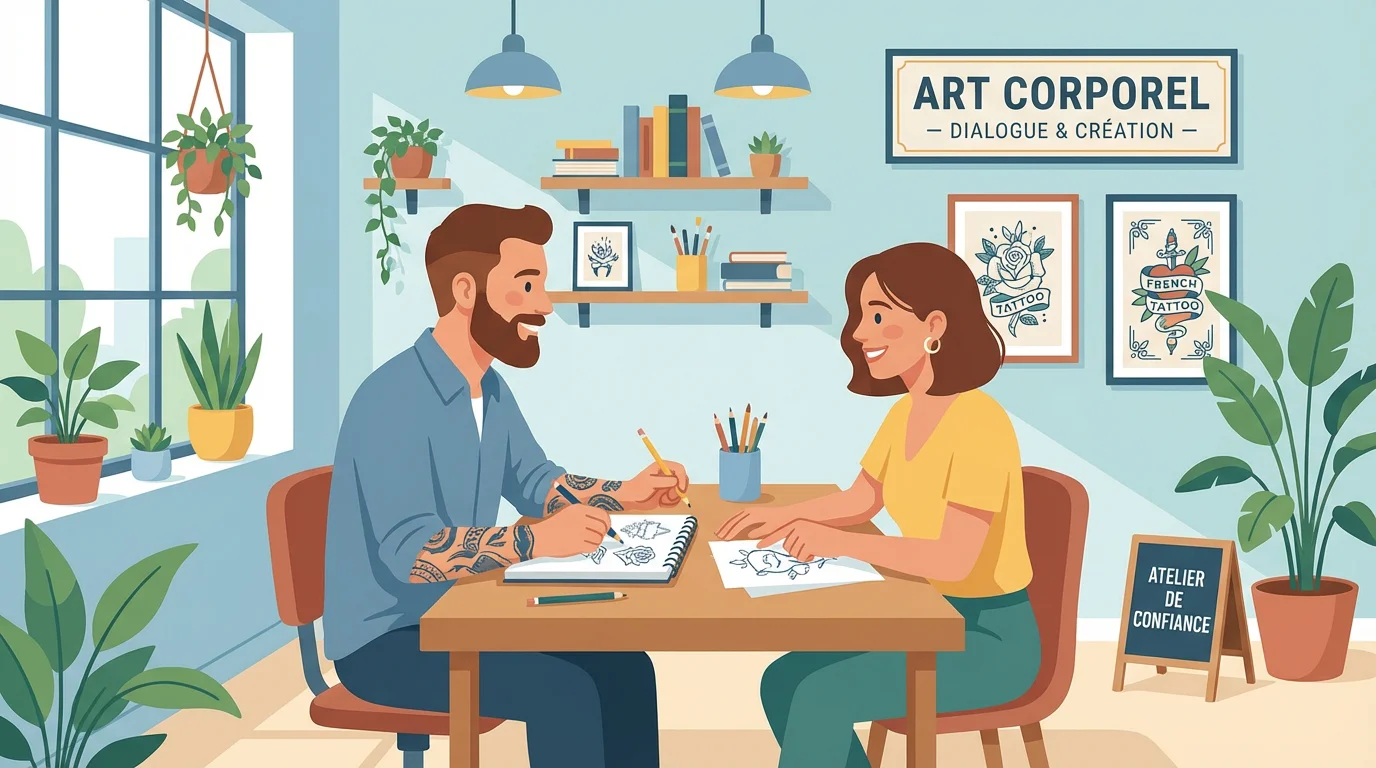 Tatoueur et client discutant d'un projet de tatouage dans un studio moderne