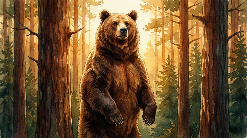 Illustration d'un ours brun majestueux dans une forêt, symbolisant la force et la sérénité du tatouage ours