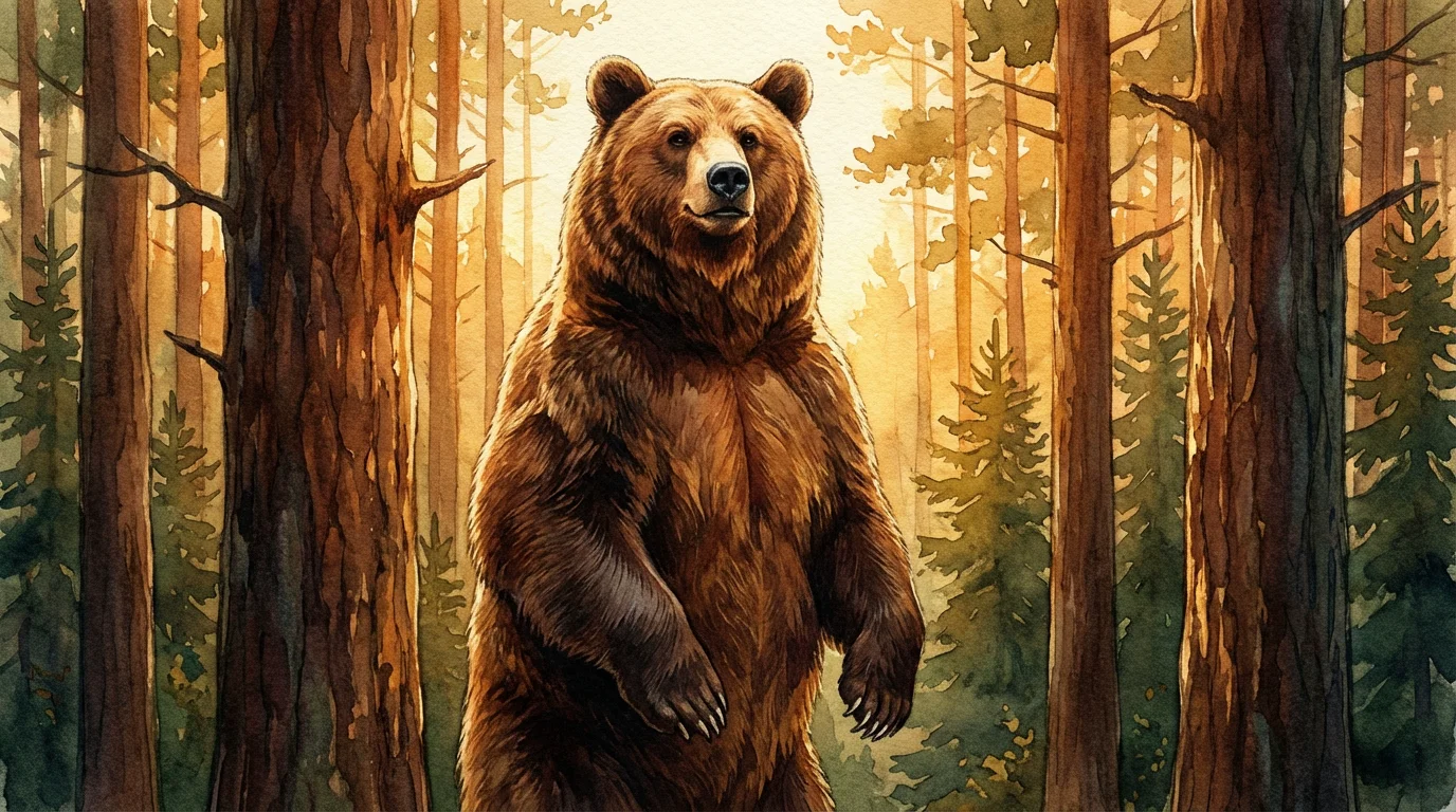 Illustration d'un ours brun majestueux dans une forêt, symbolisant la force et la sérénité du tatouage ours