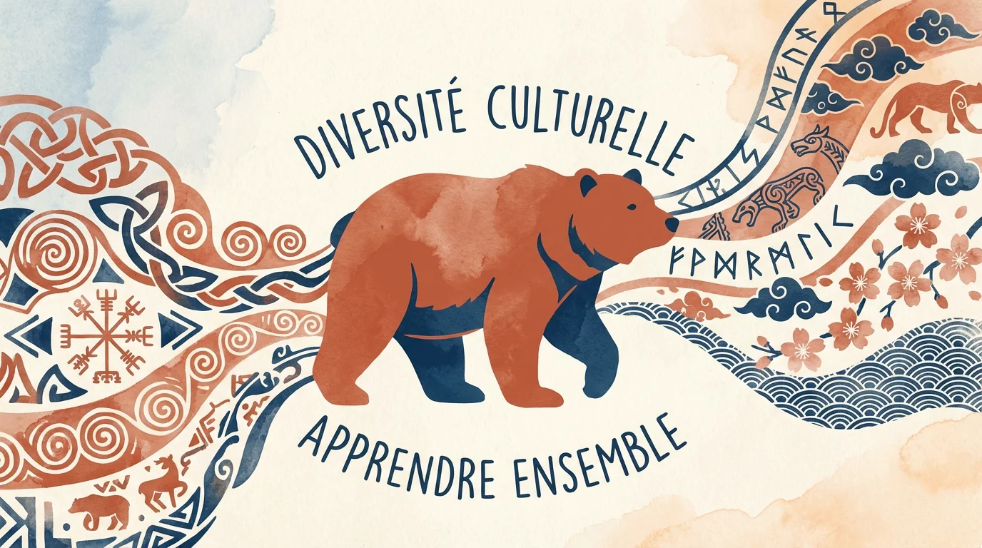 Illustration d'un ours entouré de symboles culturels celtiques, amérindiens et nordiques représentant les différentes significations du tatouage ours