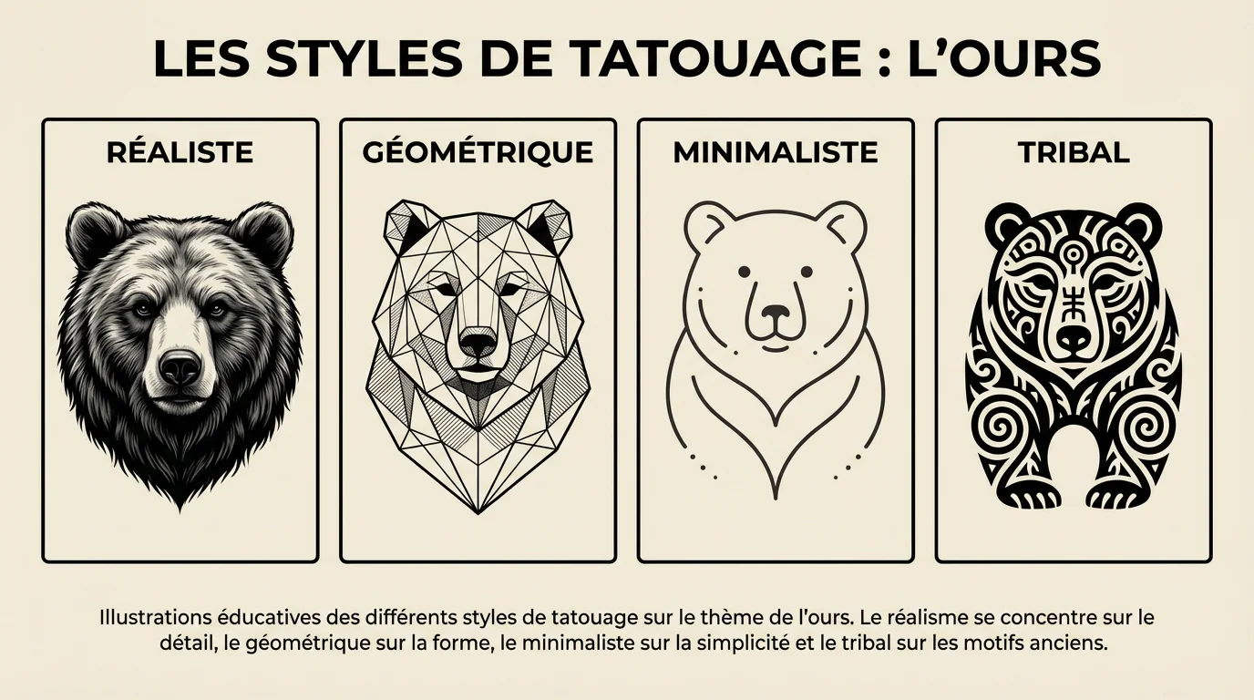 Illustration comparative de quatre styles de tatouage ours : réaliste, géométrique, minimaliste et tribal