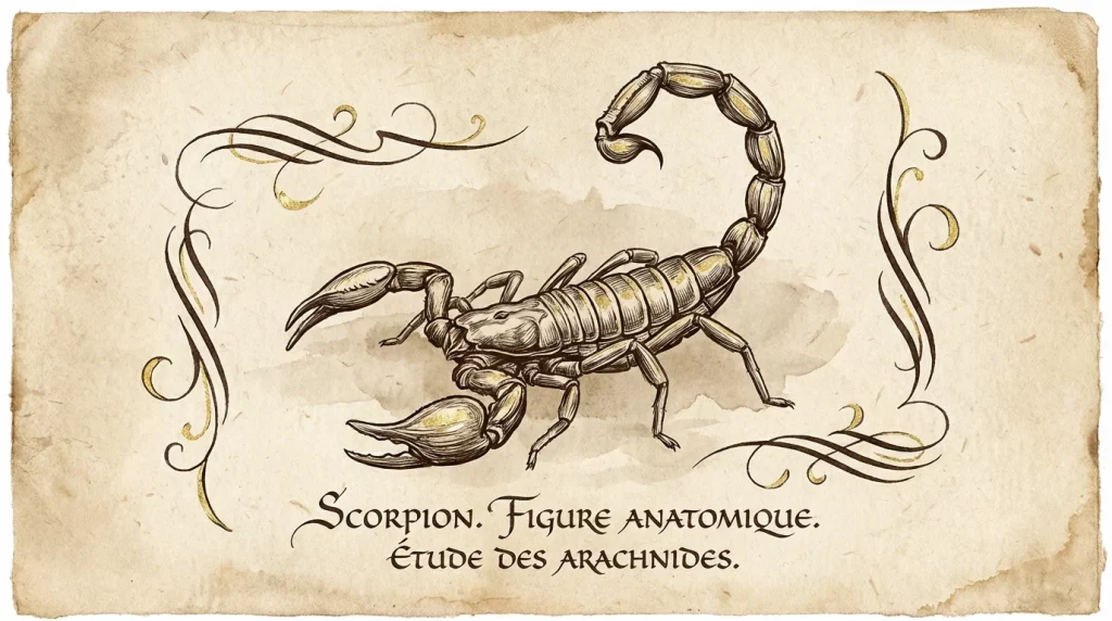 Illustration détaillée d'un scorpion vu de dessus sur fond de parchemin ancien