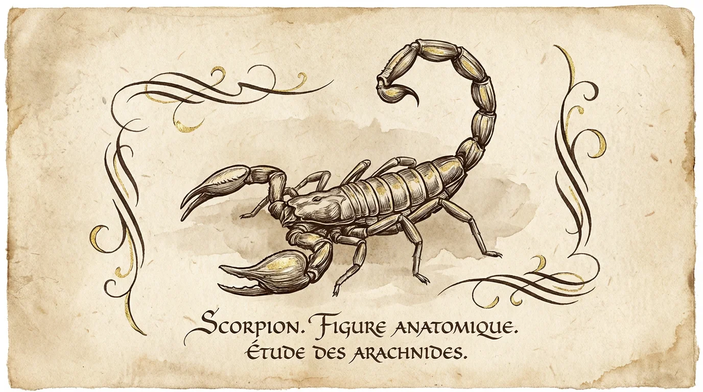 Illustration détaillée d'un scorpion vu de dessus sur fond de parchemin ancien
