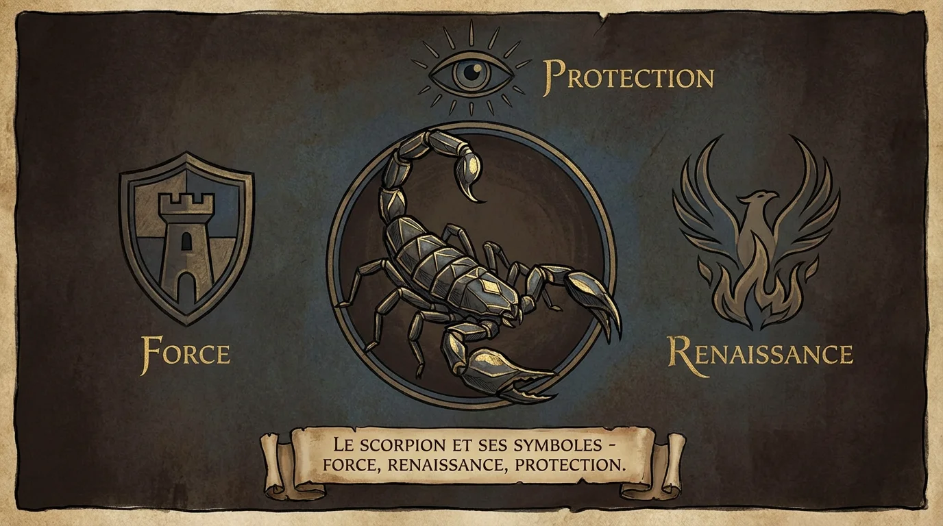 Illustration d'un scorpion entouré de symboles de force, renaissance et protection