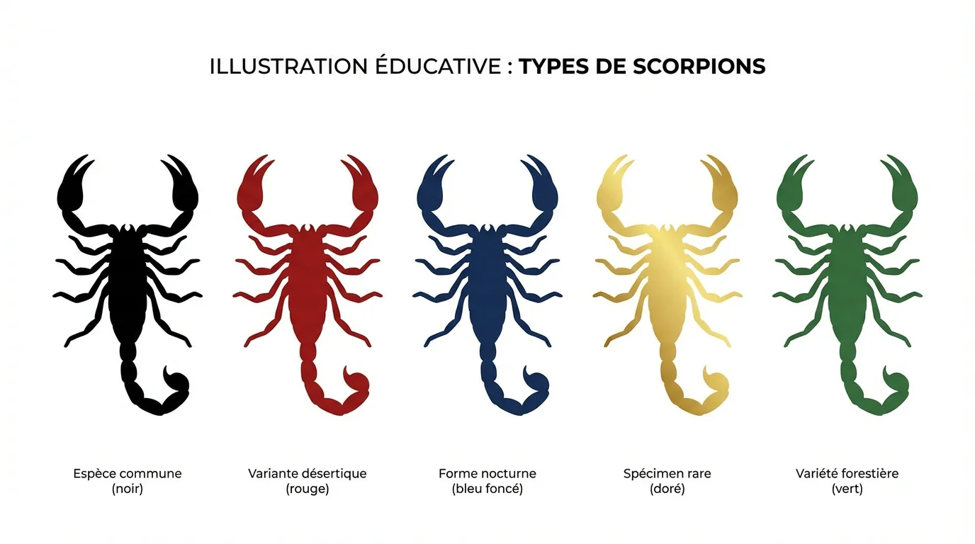 Illustration de cinq scorpions de couleurs différentes représentant les variations symboliques du tatouage