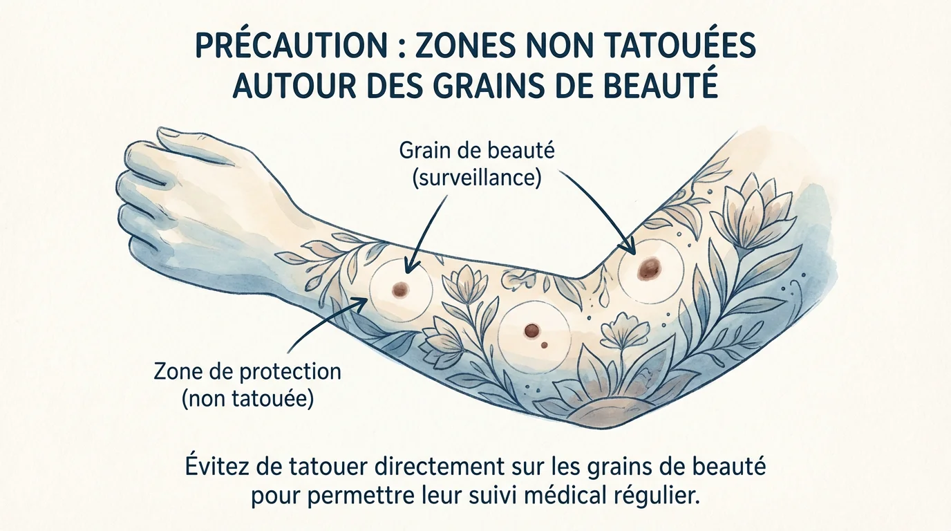 Illustration d'un bras tatoué avec des grains de beauté visibles et contournés par le dessin