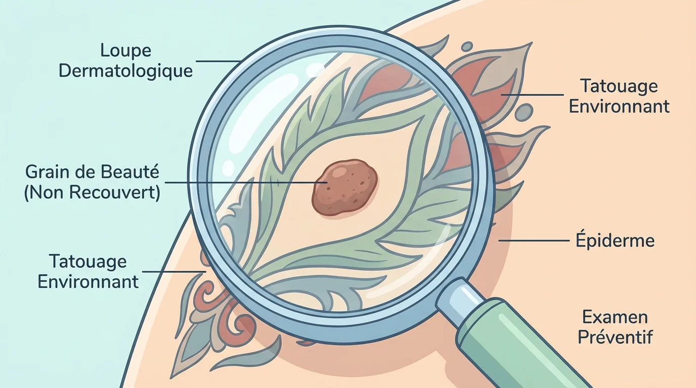 Illustration d'un dermatologue examinant un grain de beauté à proximité d'un tatouage