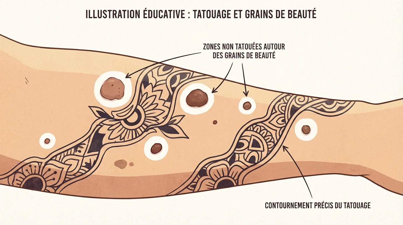 Illustration d'un tatouage contournant plusieurs grains de beauté sur un bras