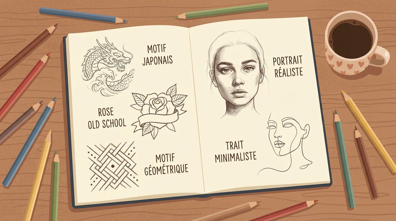 Illustration d'un carnet de croquis présentant différents styles de tatouage : japonais, old school, géométrique, réaliste et minimaliste