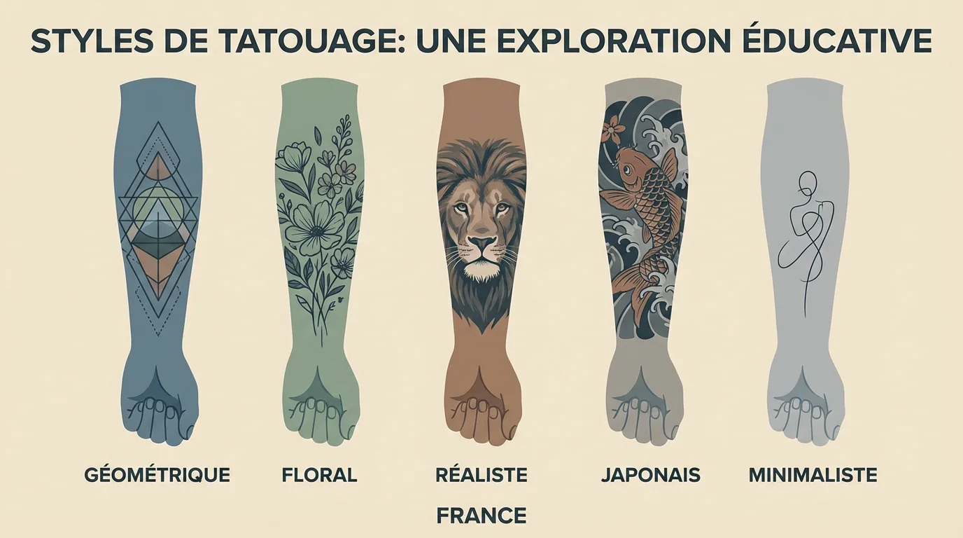Illustration de différents styles de tatouage sur plusieurs bras : géométrique, floral, réaliste, japonais et minimaliste