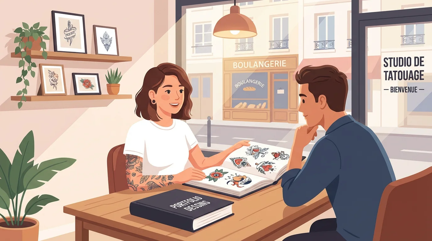 Illustration d'un tatoueur montrant son portfolio de styles variés à un client dans un studio moderne