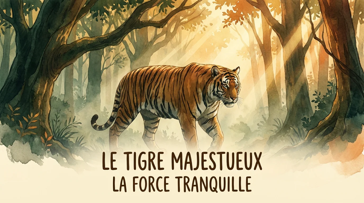 Illustration d'un tigre majestueux marchant dans une forêt, symbole de force et de courage
