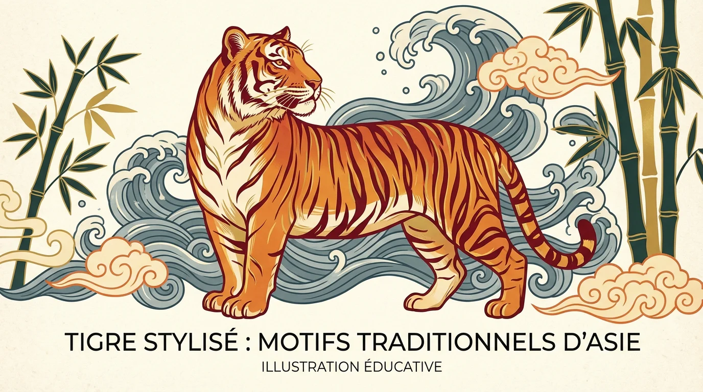 Illustration d'un tigre stylisé entouré de motifs traditionnels asiatiques symbolisant force et protection