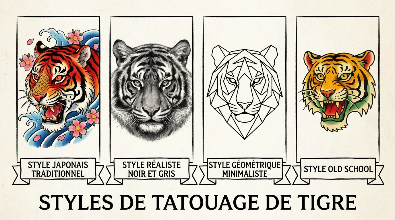 Illustration comparative de quatre styles de tatouage tigre : japonais, réaliste, géométrique et old school