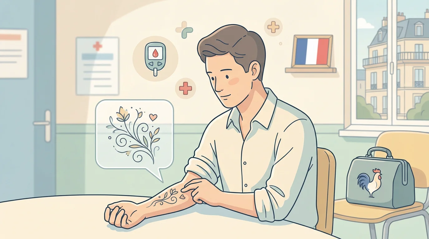 Illustration d'une personne réfléchissant à un projet de tatouage avec des symboles médicaux liés au diabète en arrière-plan