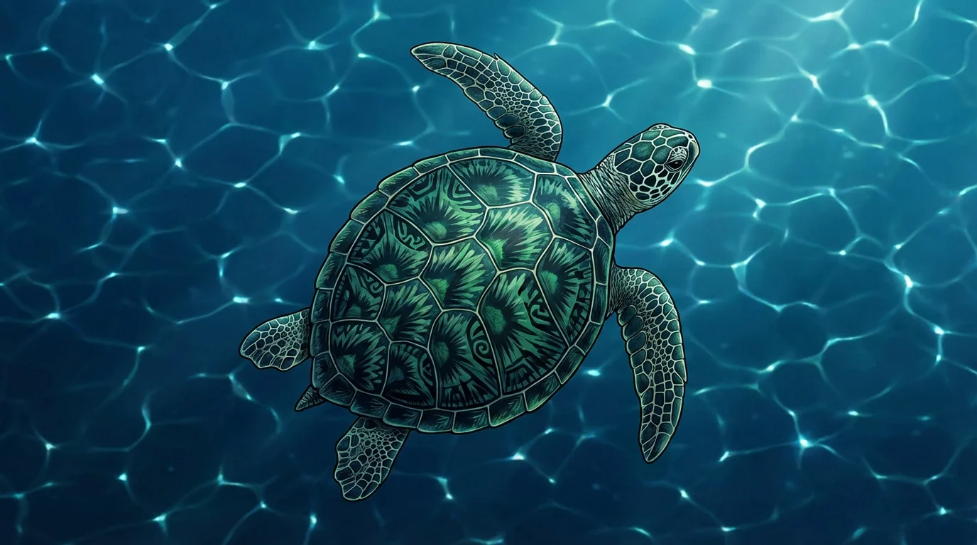 Illustration d'une tortue marine majestueuse ornée de motifs symboliques nageant dans l'océan