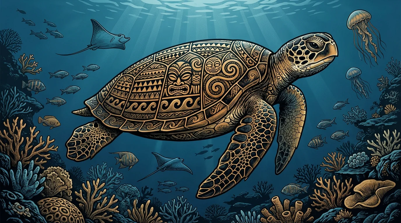 Illustration d'une tortue marine ornée de motifs polynésiens traditionnels symbolisant la protection et la longévité