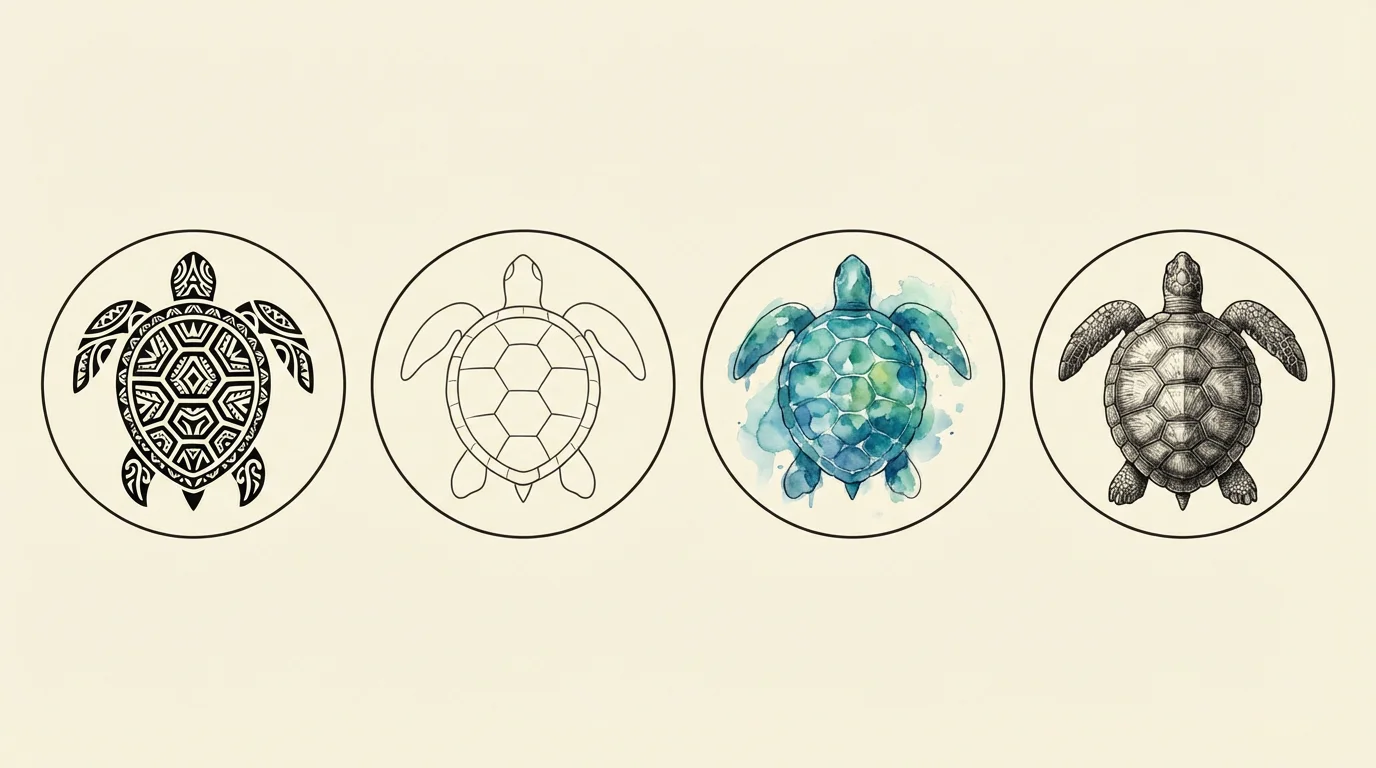 Illustration comparative de quatre styles de tatouage tortue : tribal, minimaliste, aquarelle et réaliste