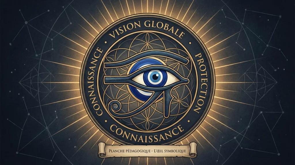 Illustration d'un tatouage œil combinant les symboles de l'œil d'Horus, du nazar grec et de motifs géométriques sacrés