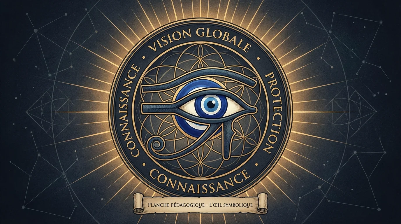 Illustration d'un tatouage œil combinant les symboles de l'œil d'Horus, du nazar grec et de motifs géométriques sacrés