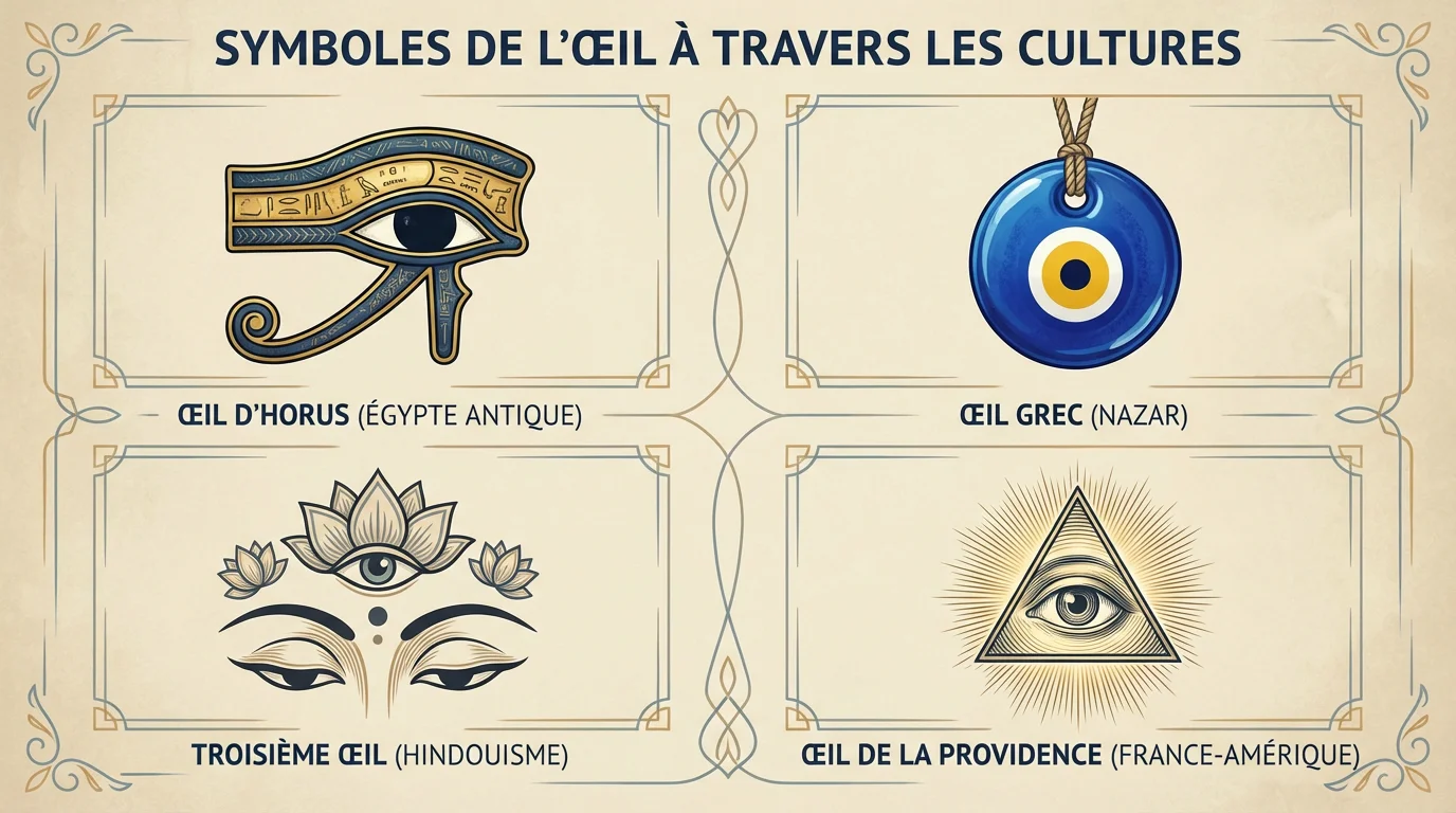 Illustration des différentes variantes culturelles du tatouage œil : Horus, grec, troisième œil et Providence