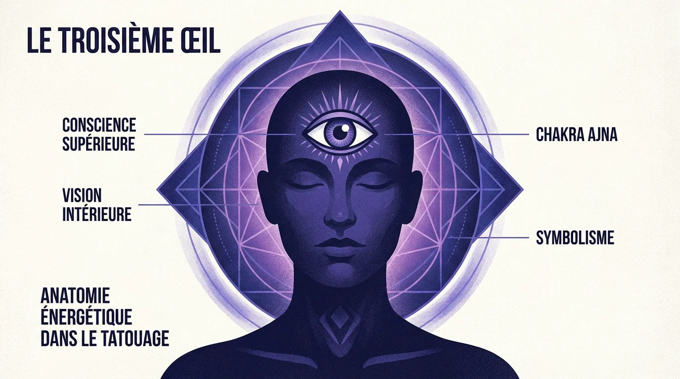 Illustration du tatouage troisième œil avec des motifs géométriques symbolisant l'éveil spirituel