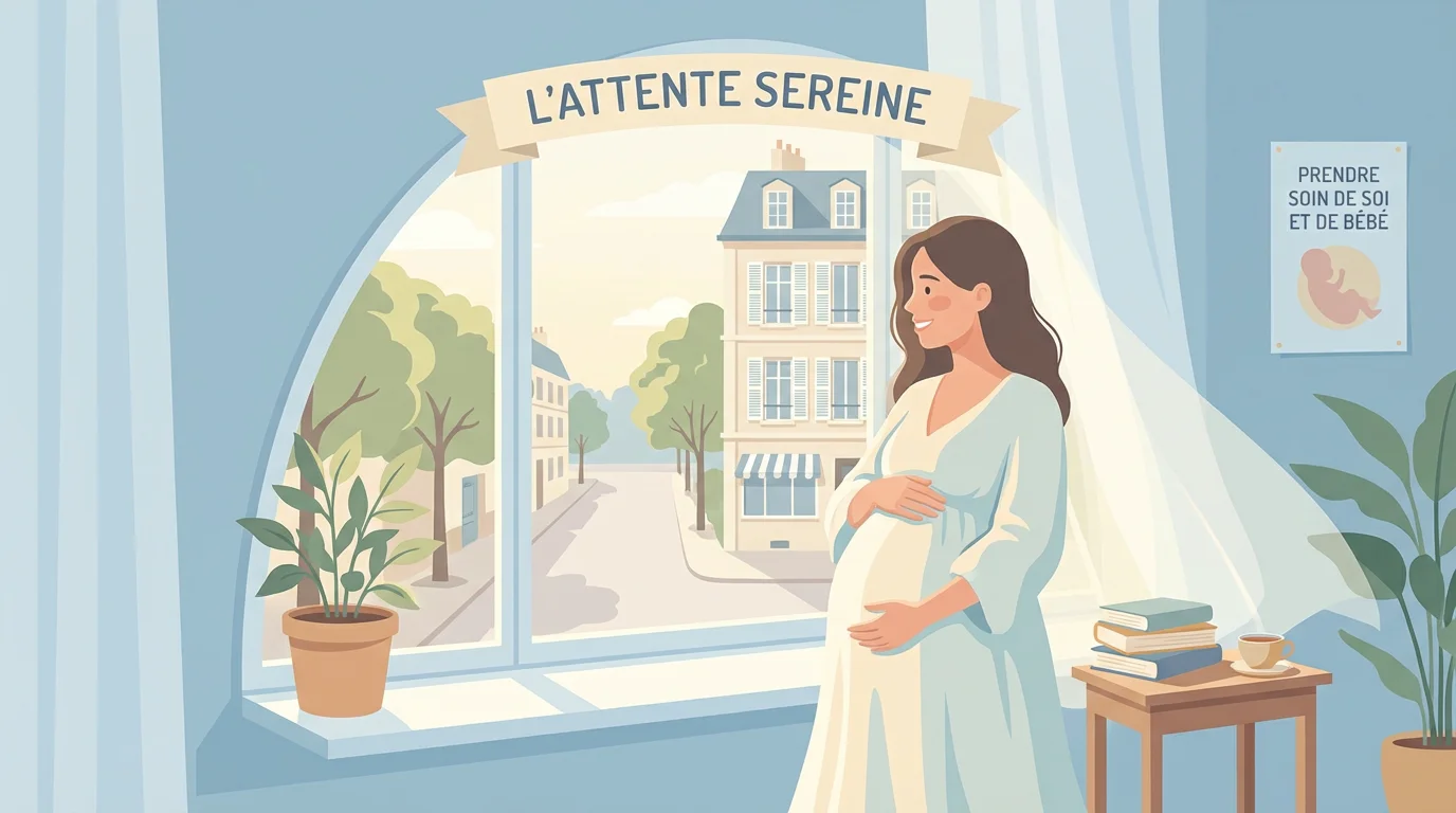 Illustration bienveillante d'une femme enceinte réfléchissant à un projet de tatouage