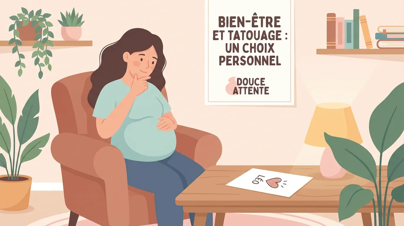 Illustration d'une femme enceinte réfléchissant à un projet de tatouage