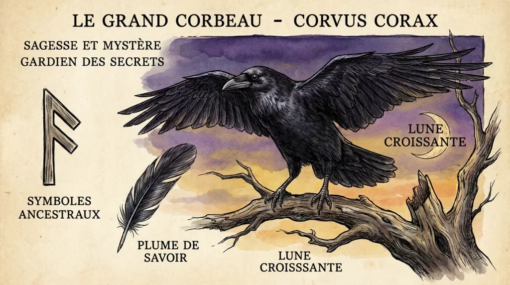 Illustration d'un corbeau noir majestueux perché sur une branche au crépuscule avec des symboles mystiques