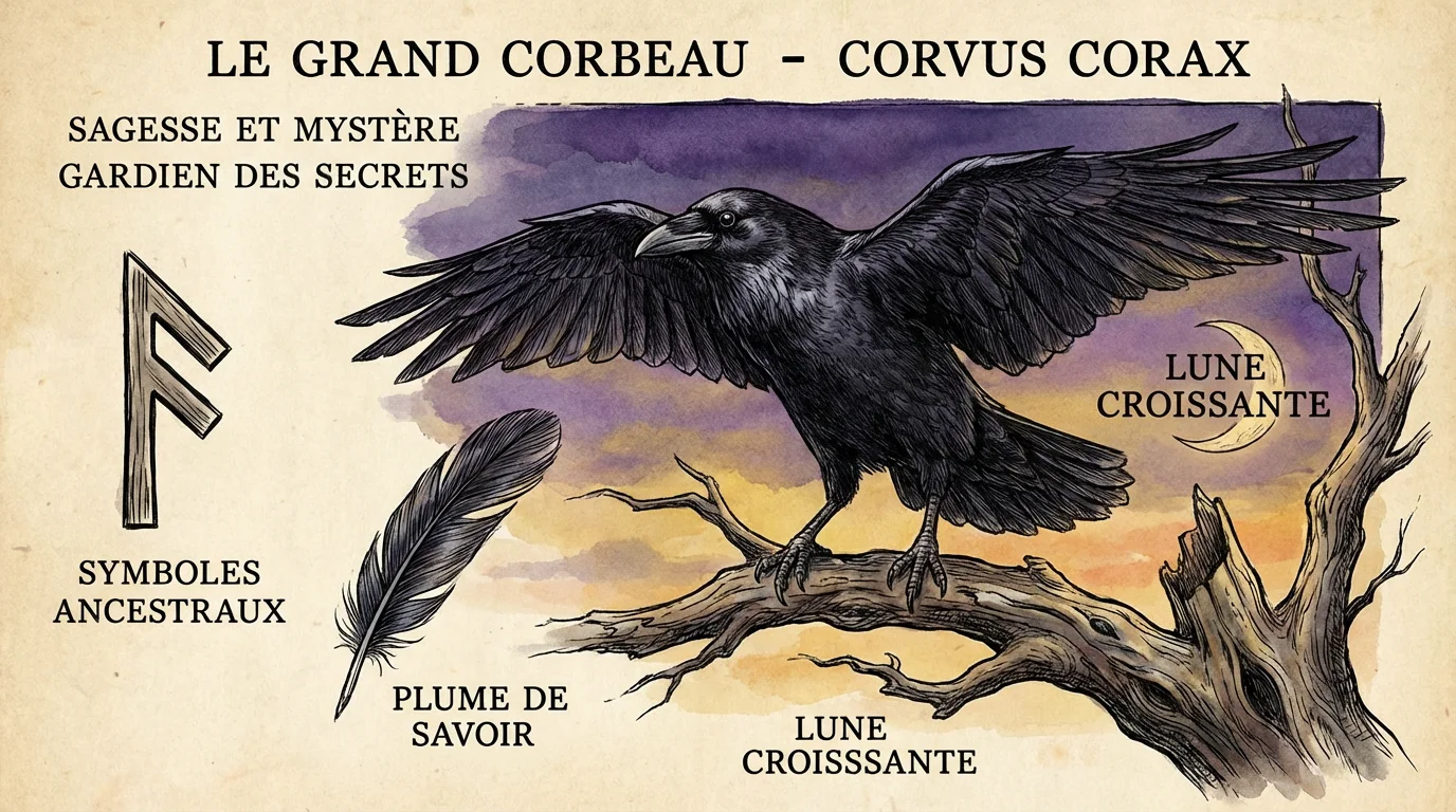 Illustration d'un corbeau noir majestueux perché sur une branche au crépuscule avec des symboles mystiques