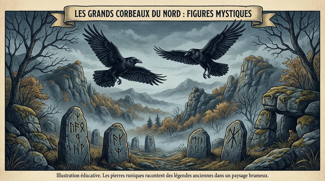 Illustration de deux corbeaux survolant un paysage nordique brumeux avec des pierres runiques